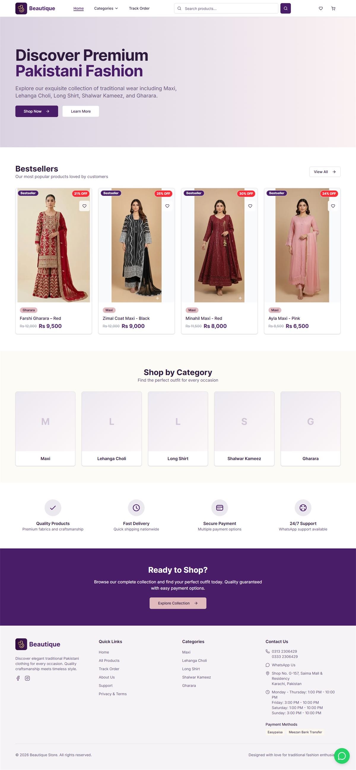 Full-page screenshot of the Beauty Que Store website