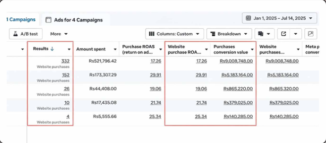 Google Ads and Meta Ads dashboard screenshot showing the results for Home Appliances Brand (Pakistan)