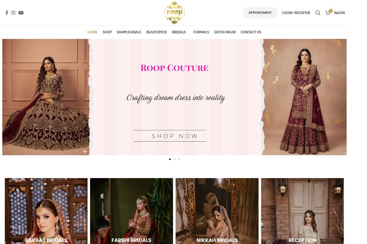 Roop Couture website homepage